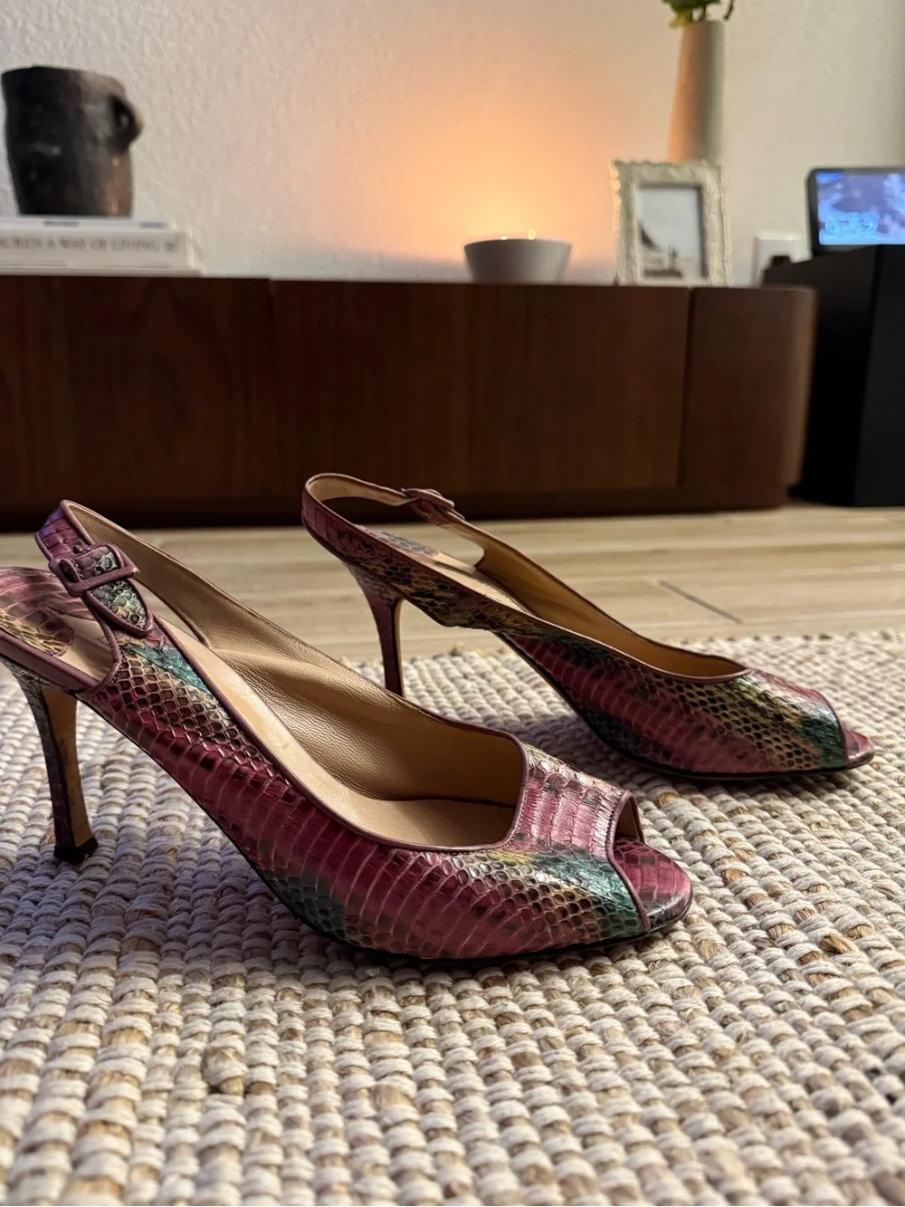 Vintage Manolo Blahnik Snakeskin Slingback Heels | Peep-Toe Pumps | Size 39.5